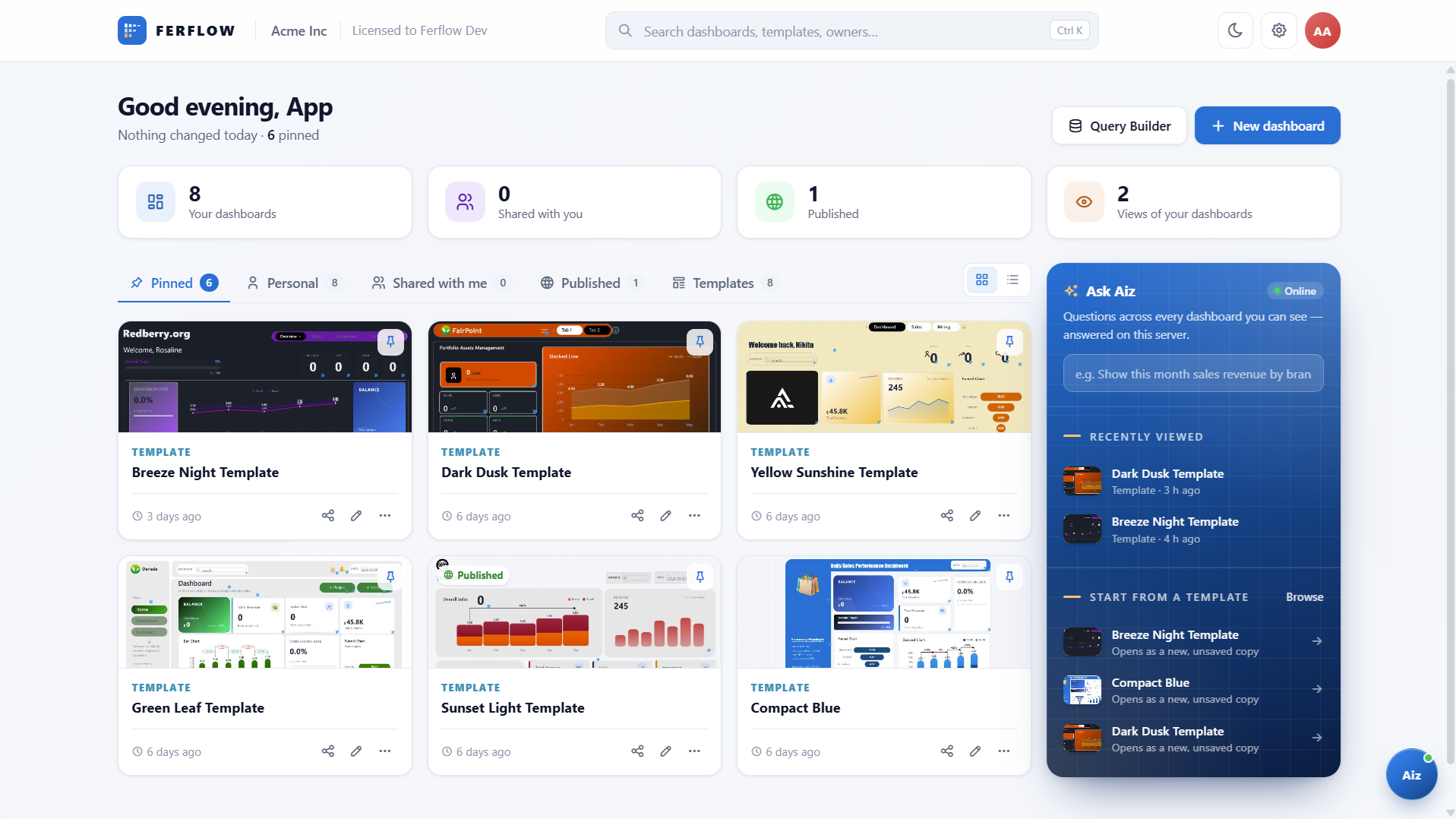 Ferflow home screen with dashboard collections, recent work and the Ask Aiz panel