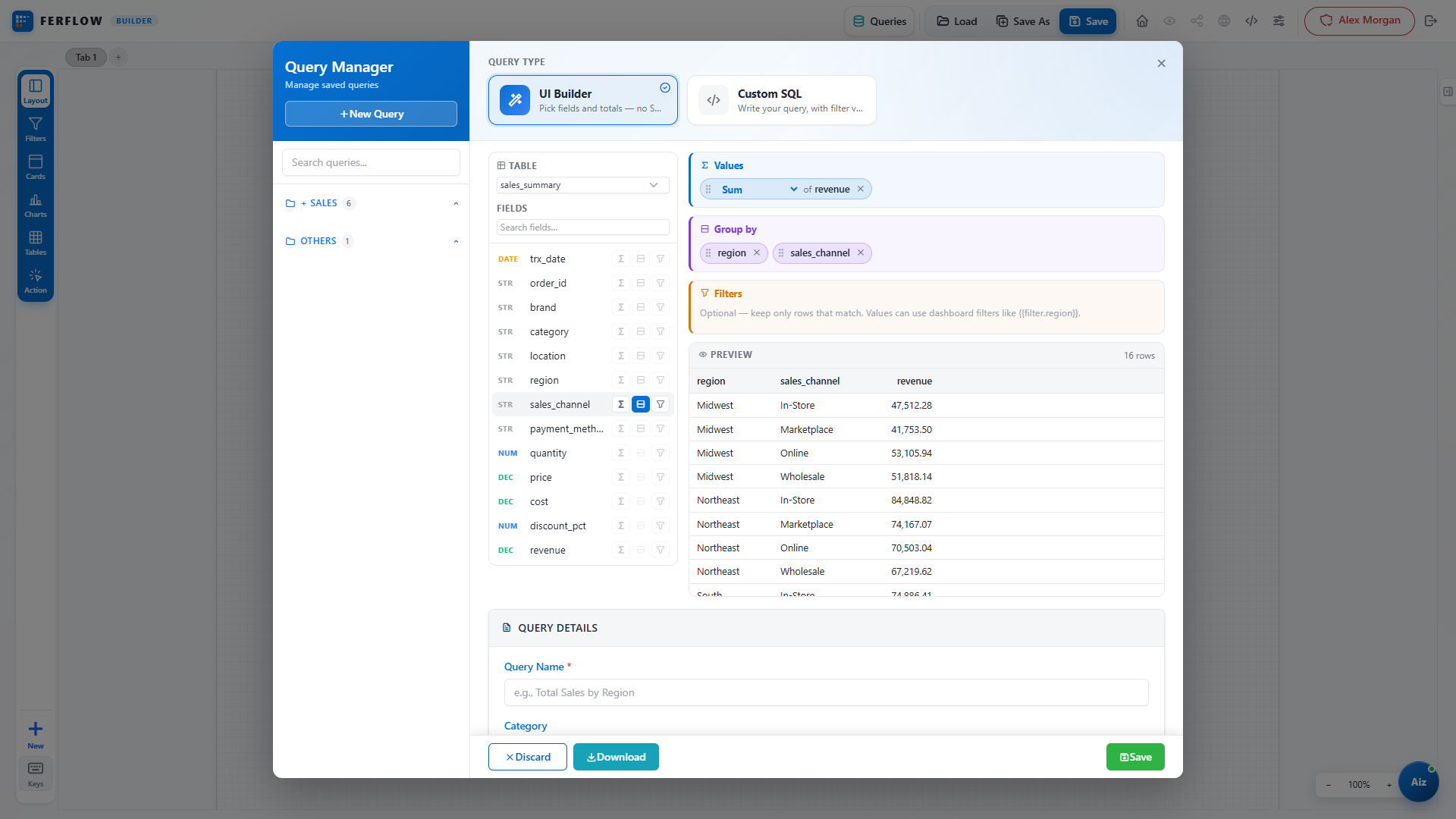 The visual query builder: sum of revenue grouped by region and sales channel, with a live preview